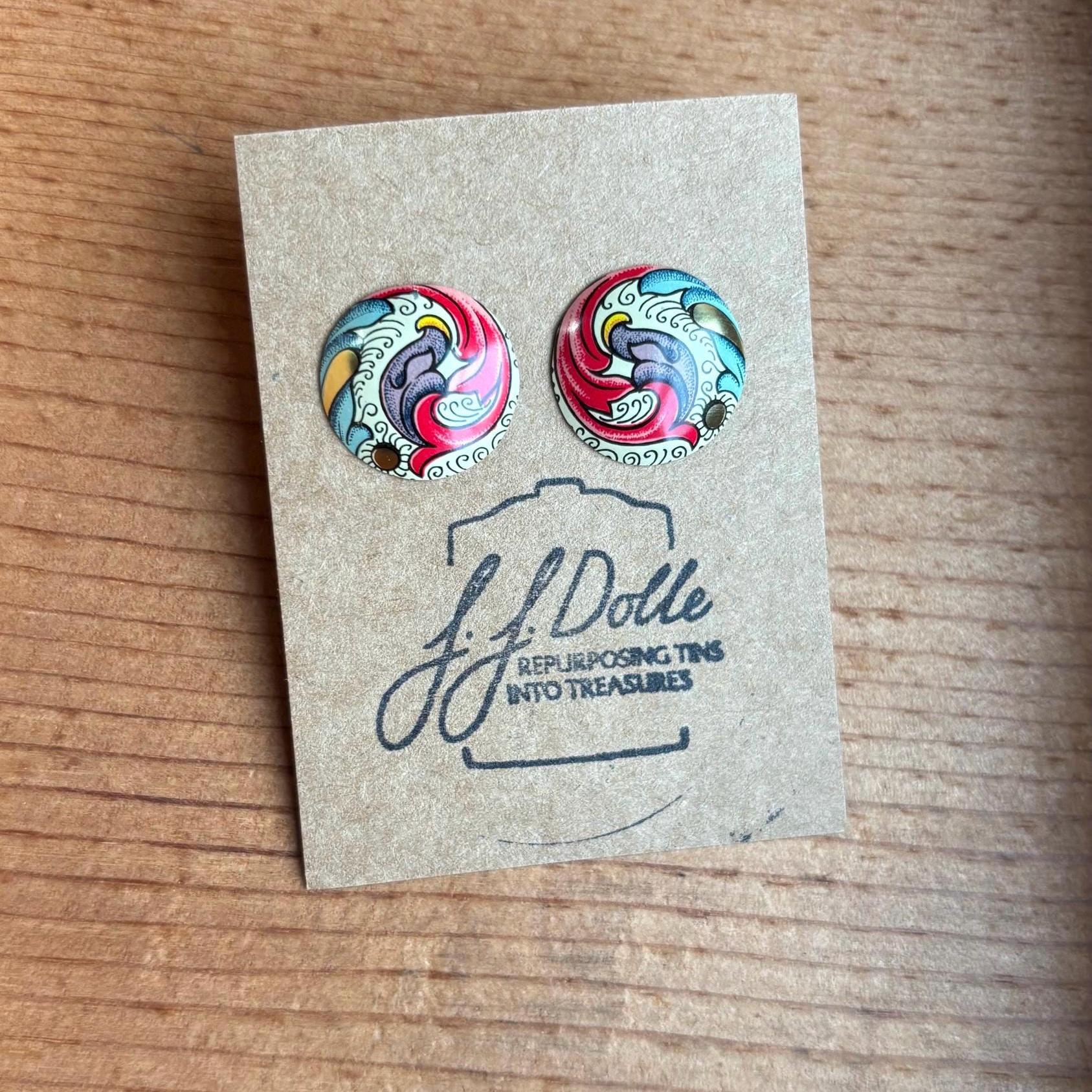 Vintage Tin Stud Earrings: Upcycled Domed Design, Hypoallergenic Titanium