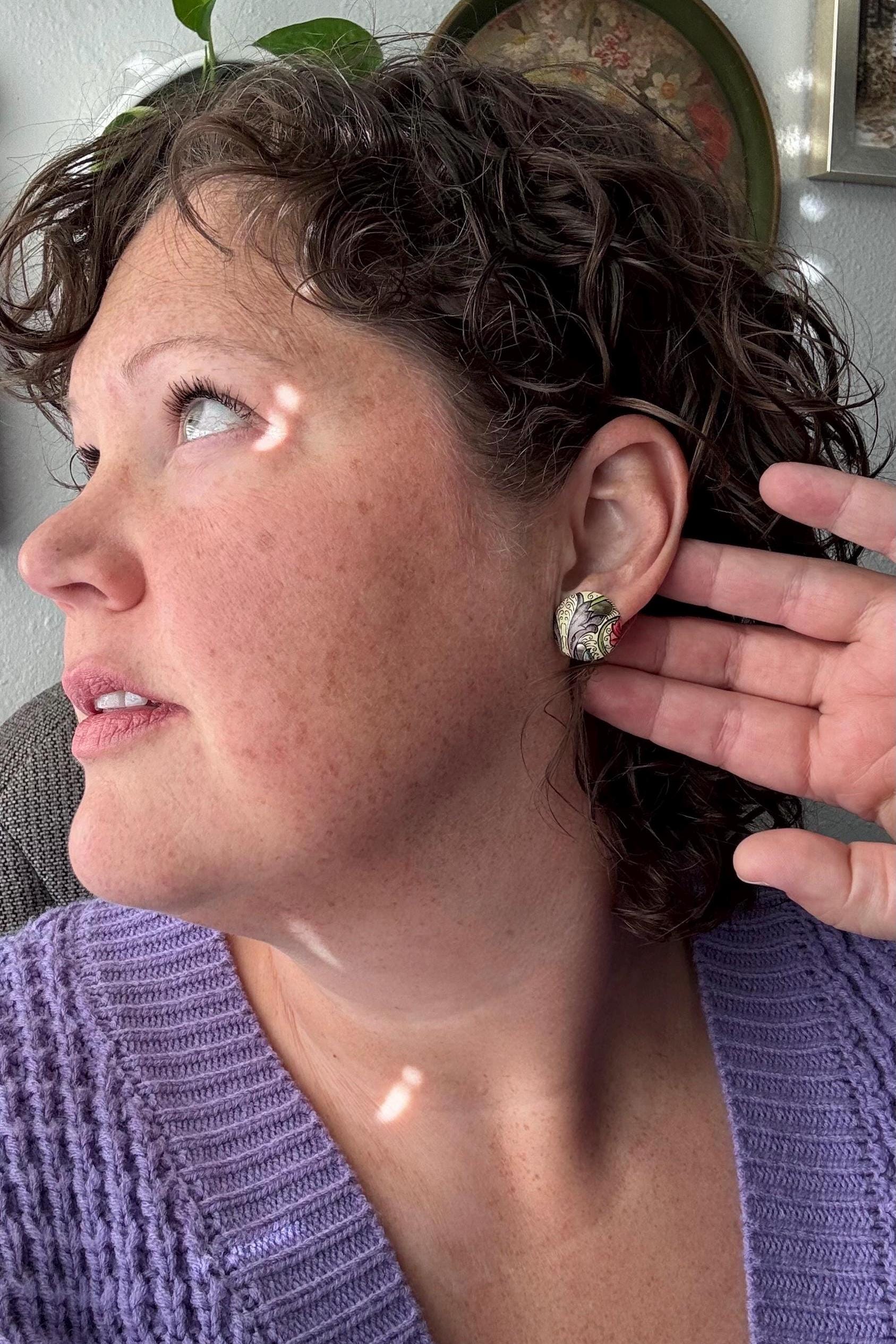 Vintage Tin Stud Earrings: Upcycled Domed Design, Hypoallergenic Titanium