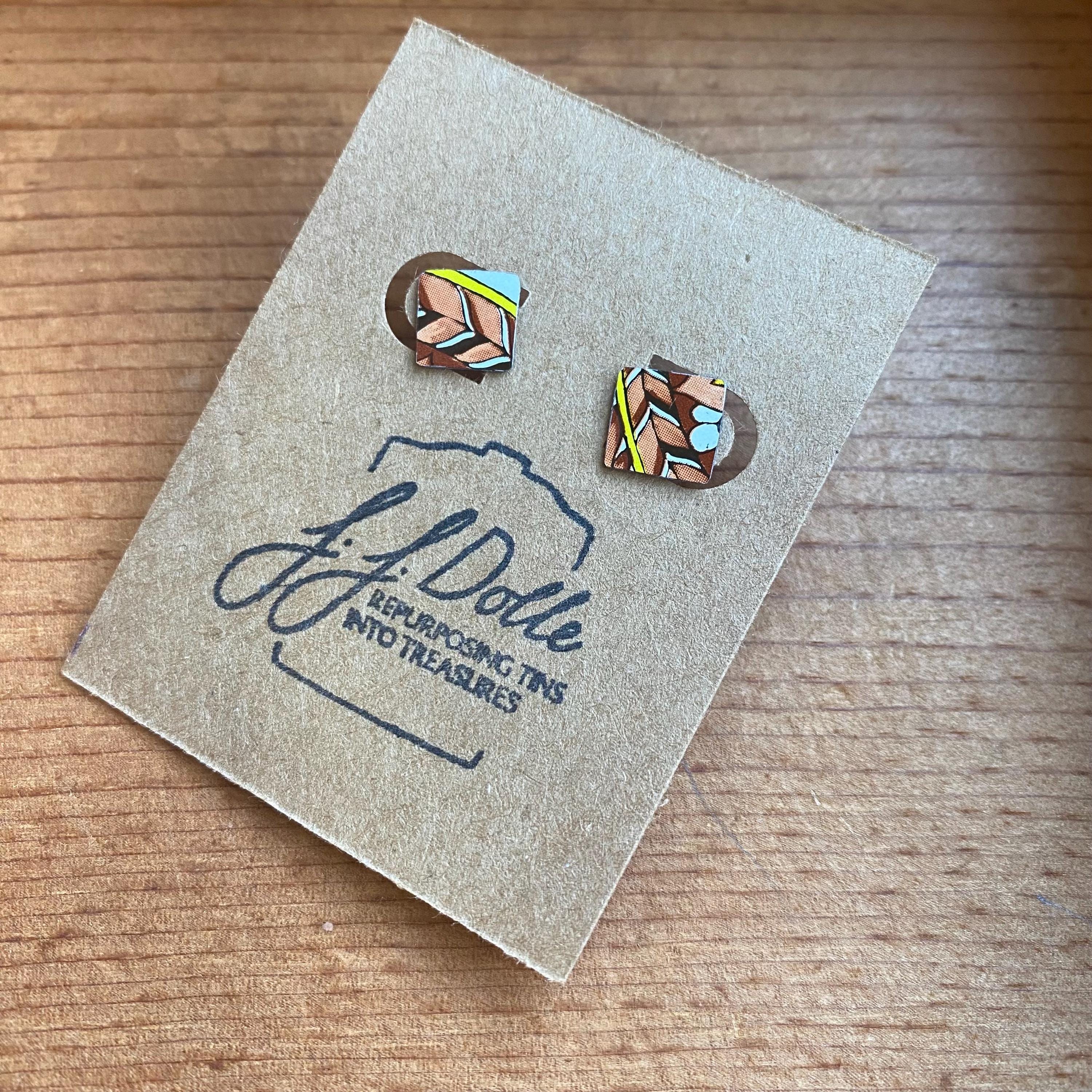 Vintage Recycled Tin Earrings, Stud Earrings