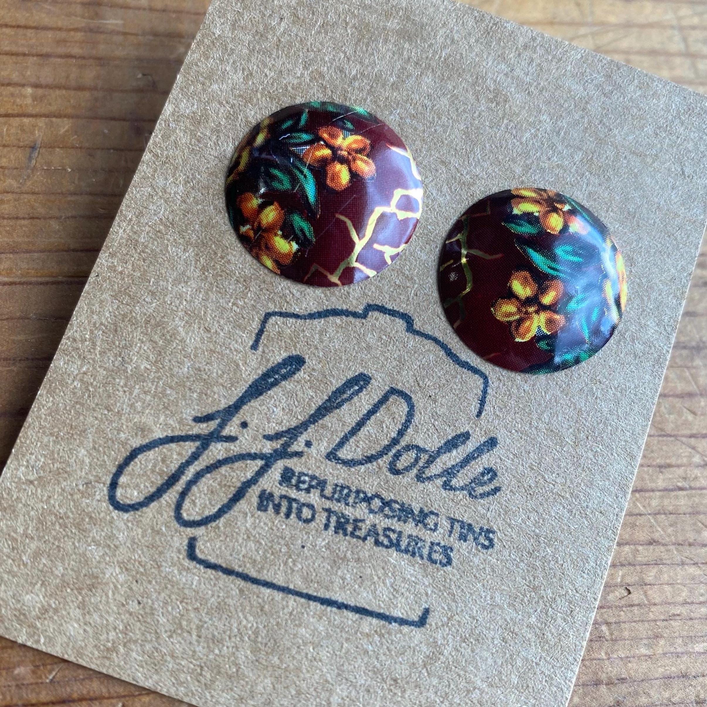 Vintage Tin Stud Earrings: Upcycled Domed Design, Hypoallergenic Titanium