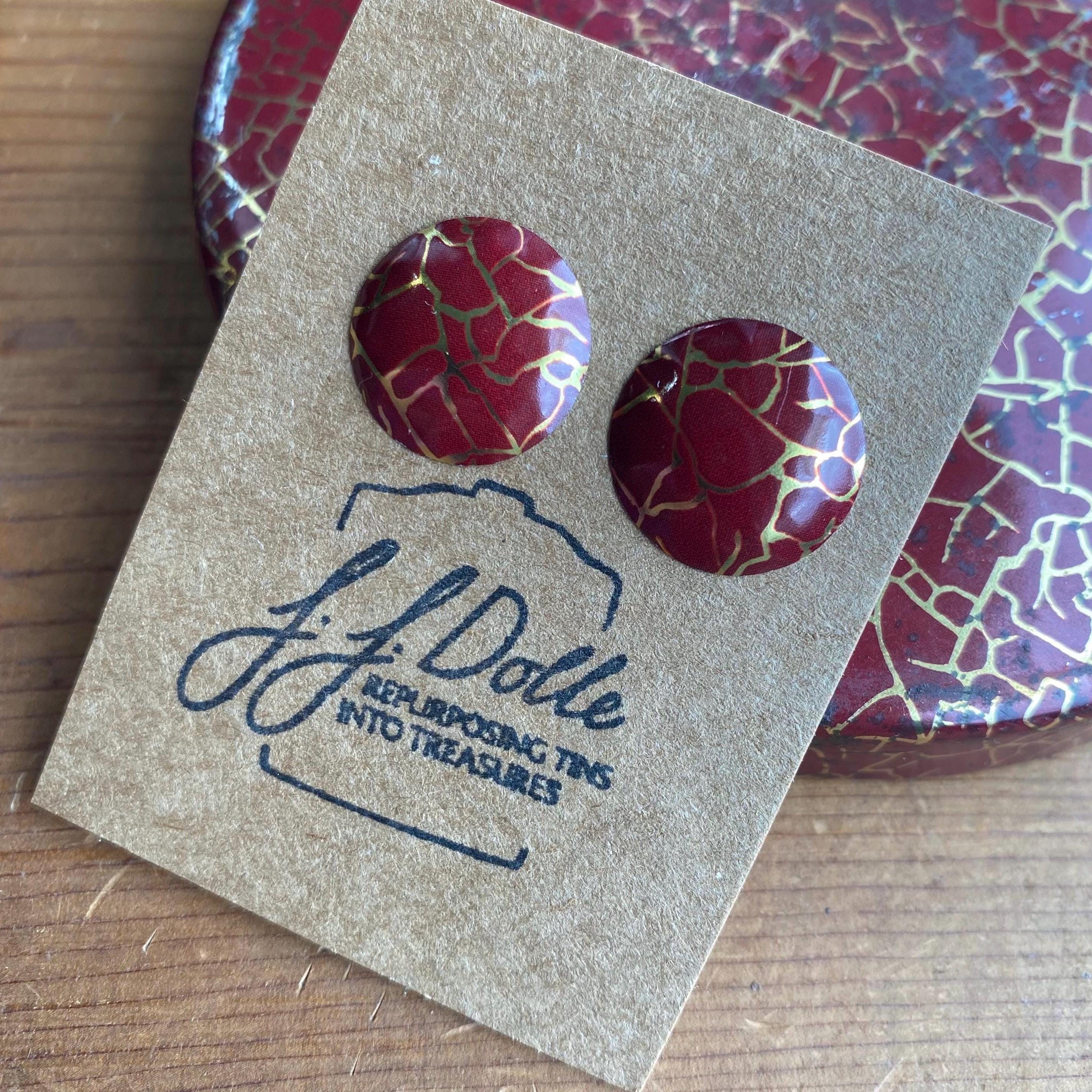 Vintage Tin Stud Earrings: Upcycled Domed Design, Hypoallergenic Titanium