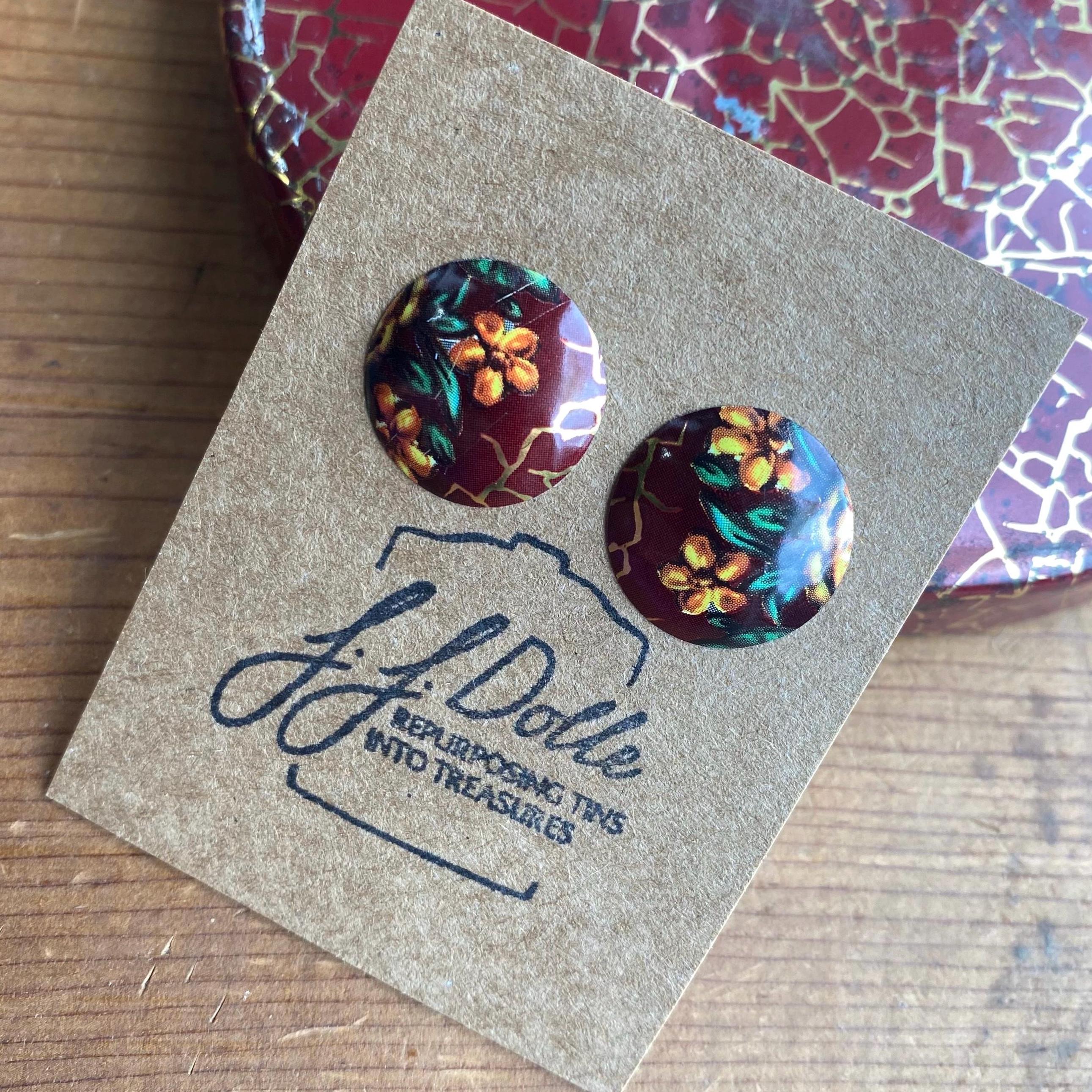 Vintage Tin Stud Earrings: Upcycled Domed Design, Hypoallergenic Titanium