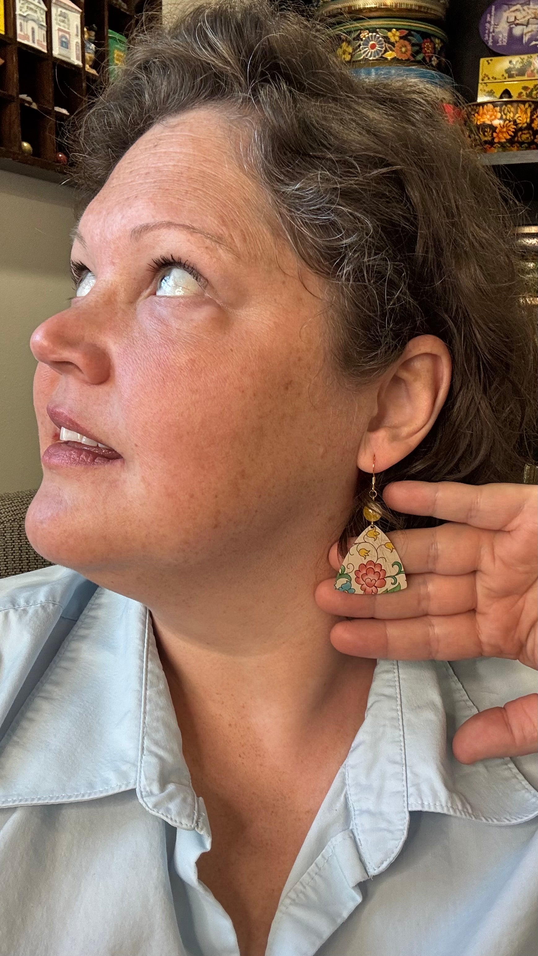 Vintage Tin Earrings with Bead – Lightweight Floral Statement Earrings