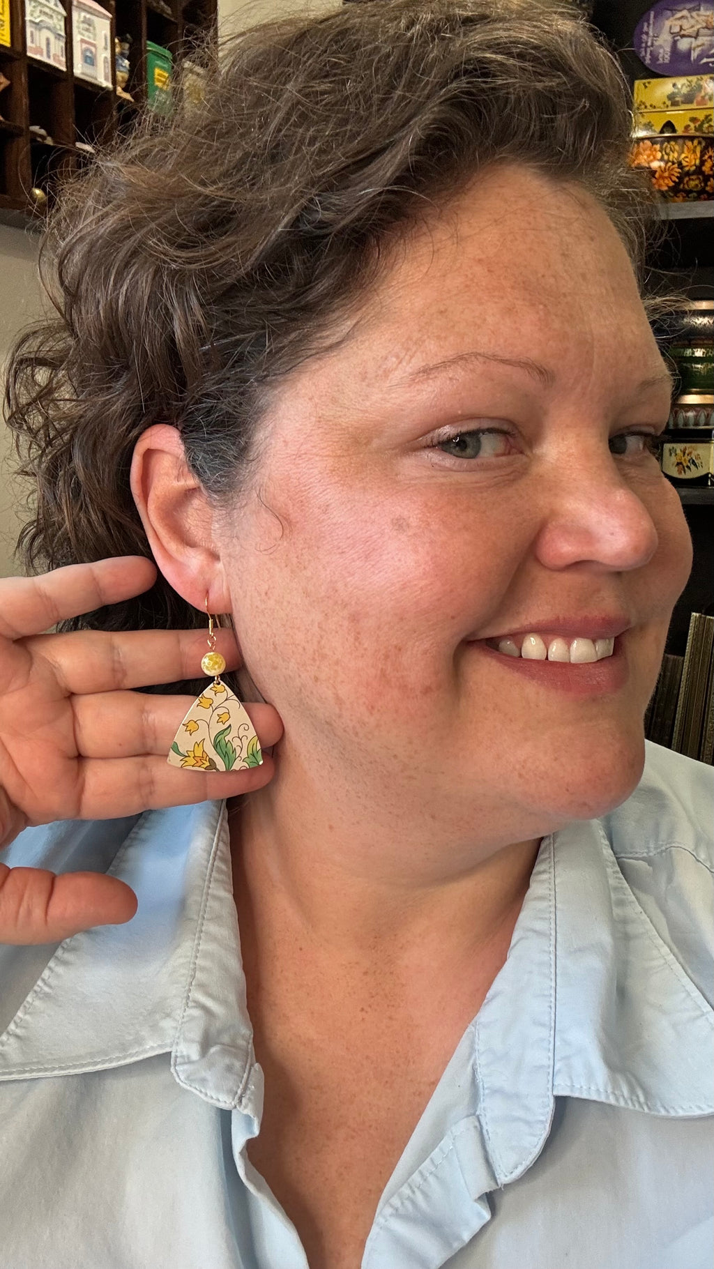 Vintage Tin Earrings with Bead – Lightweight Floral Statement Earrings
