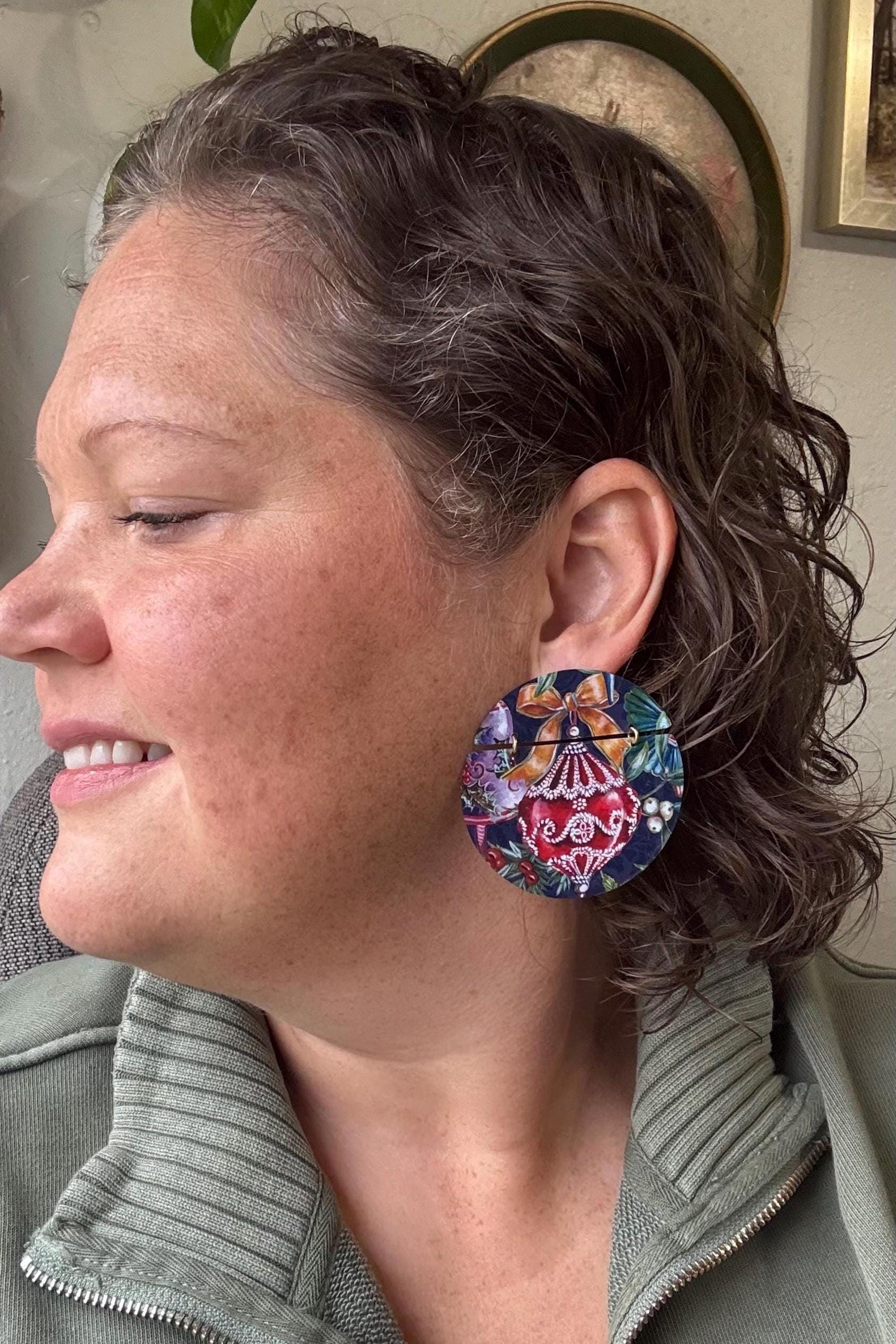 Upcycled Christmas Tin Earrings, Holiday Bulb Jewelry