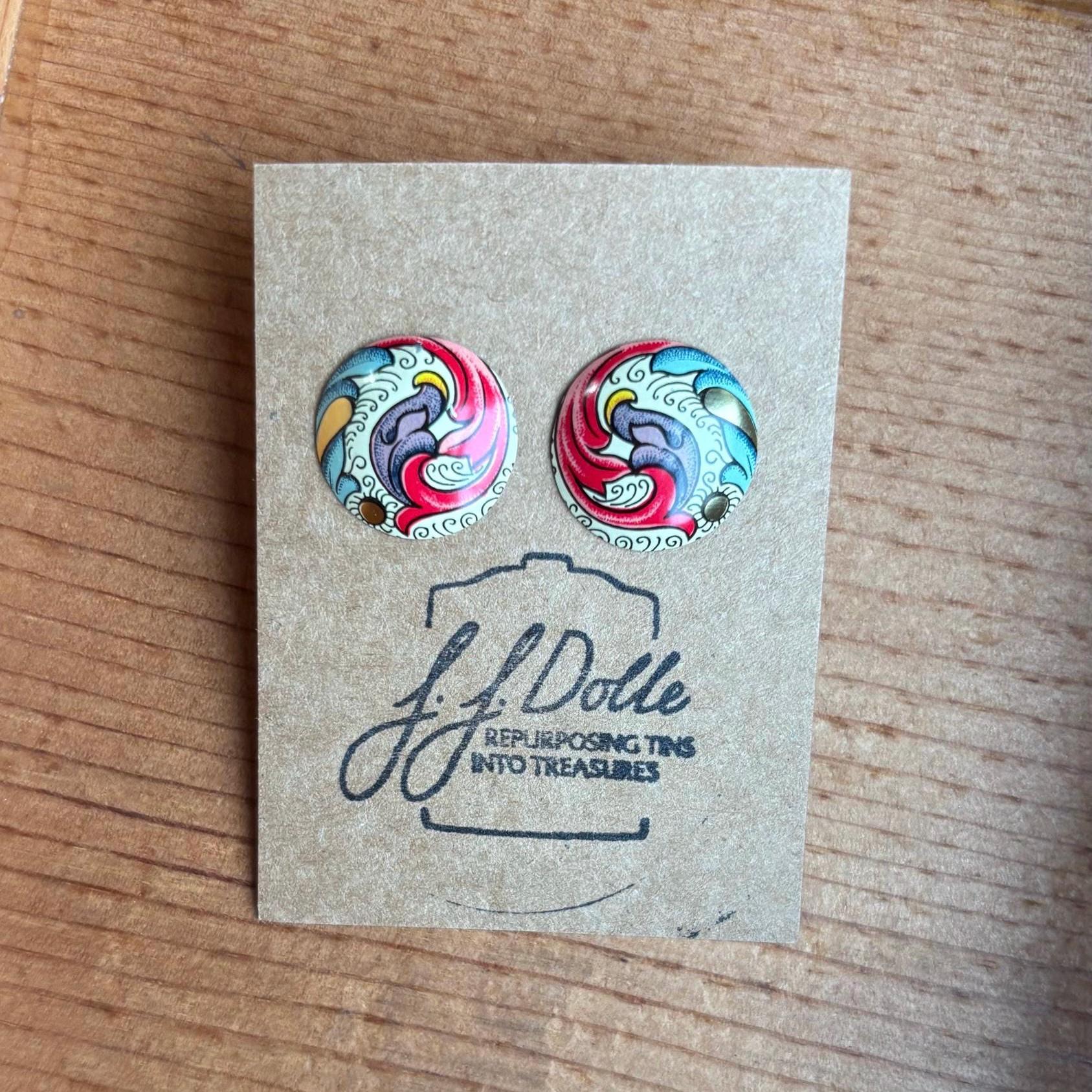 Vintage Tin Stud Earrings: Upcycled Domed Design, Hypoallergenic Titanium