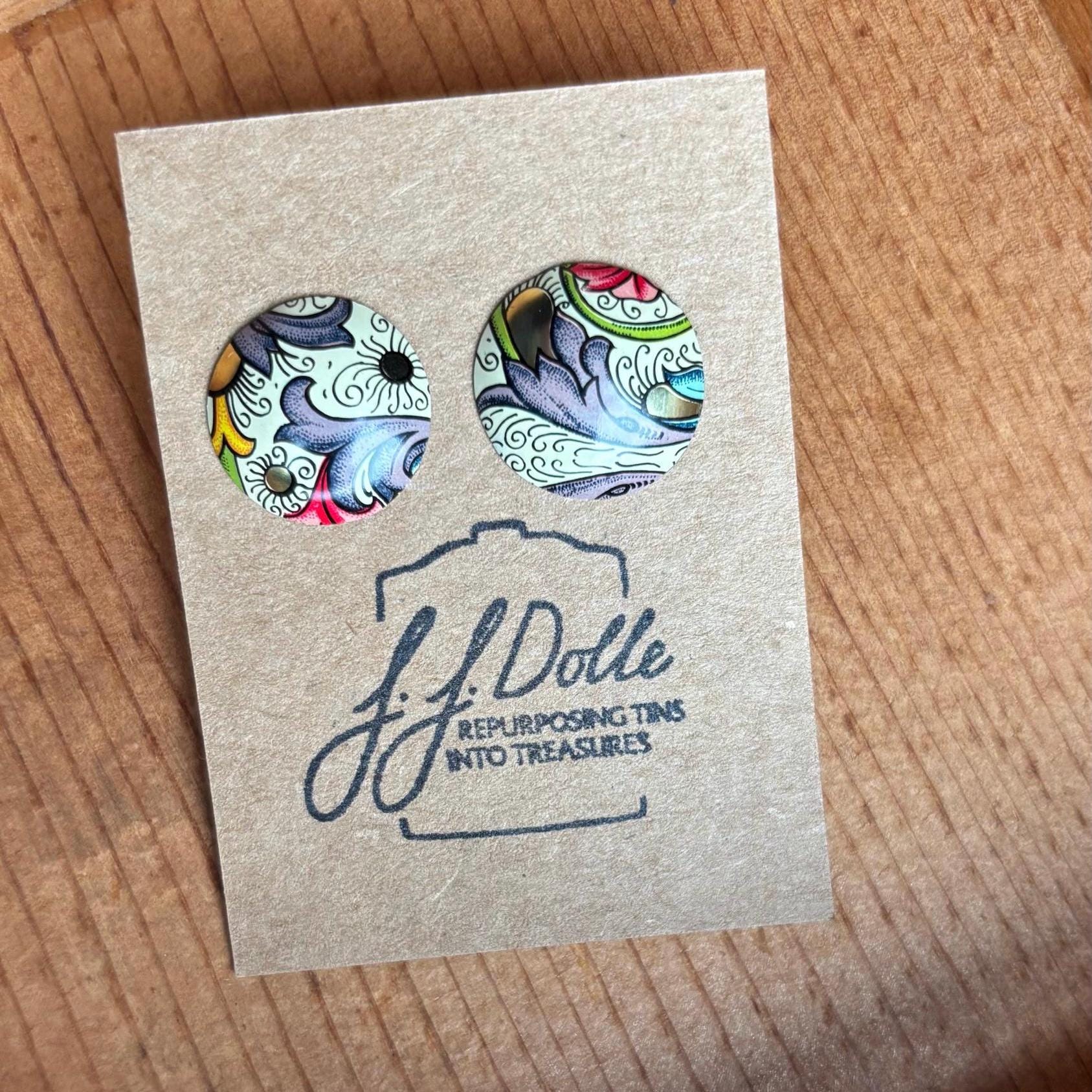 Vintage Tin Stud Earrings: Upcycled Domed Design, Hypoallergenic Titanium