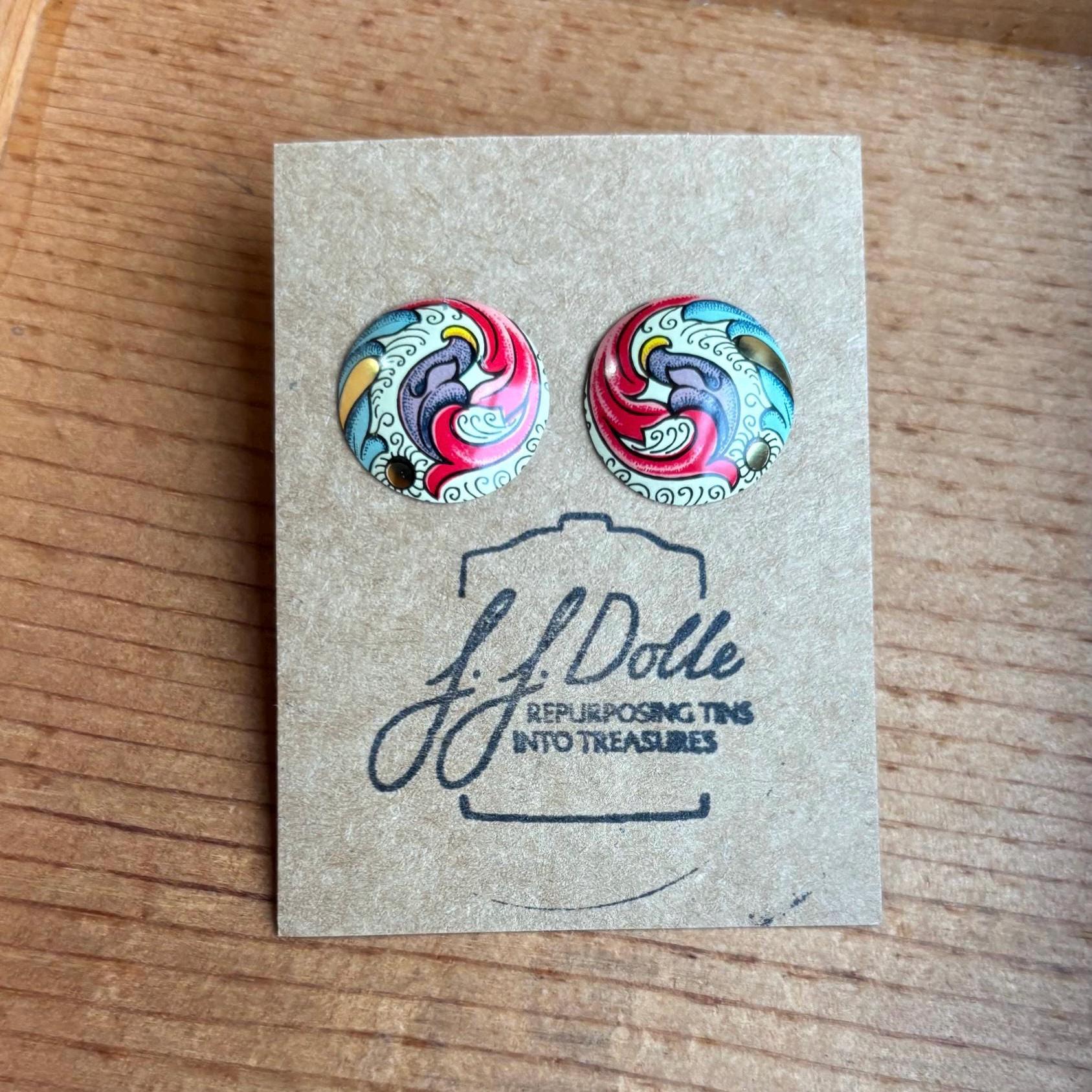 Vintage Tin Stud Earrings: Upcycled Domed Design, Hypoallergenic Titanium