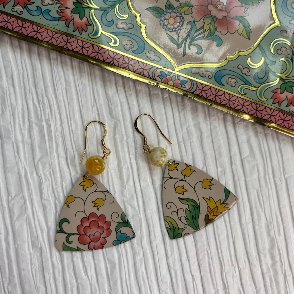 Vintage Tin Earrings with Bead – Lightweight Floral Statement Earrings