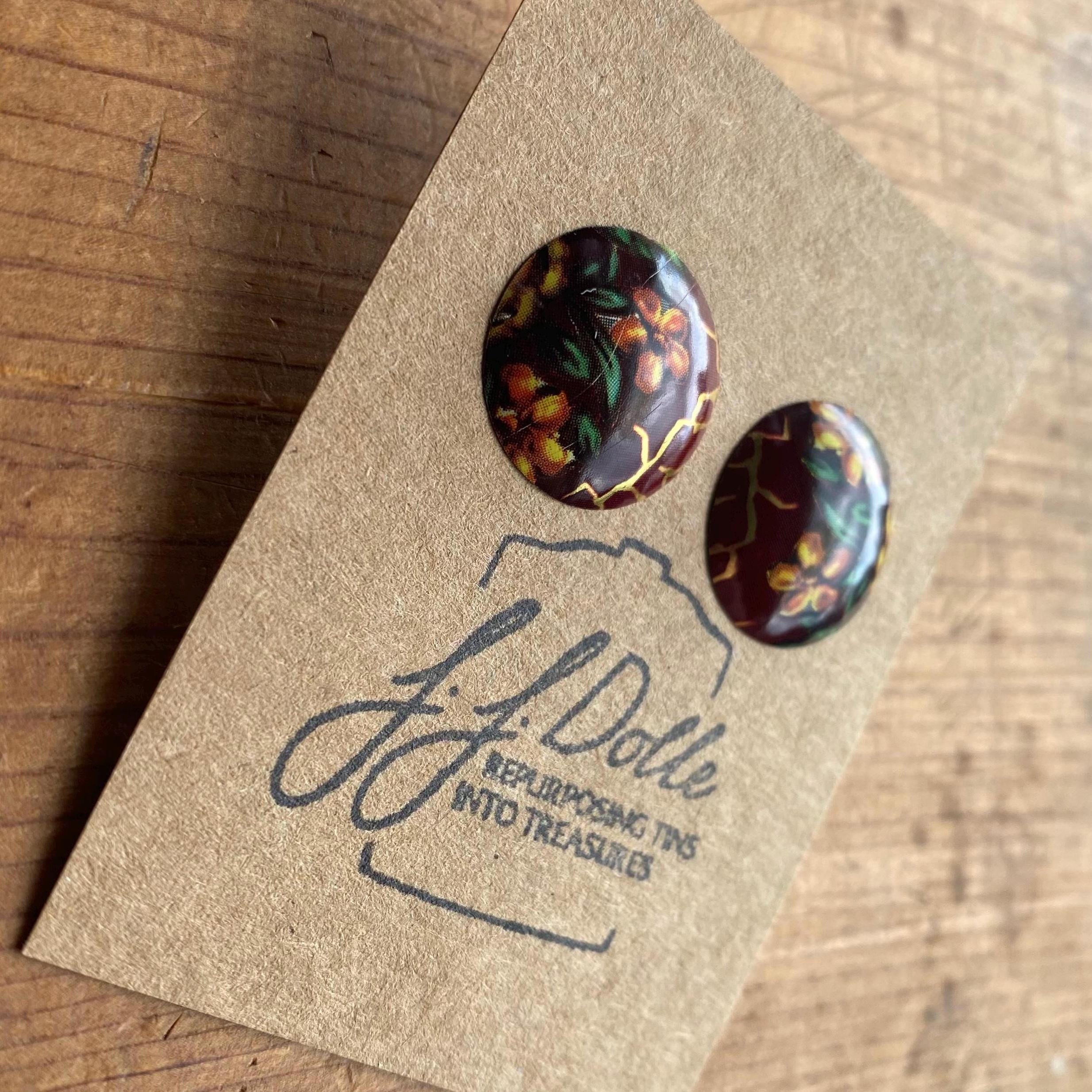 Vintage Tin Stud Earrings: Upcycled Domed Design, Hypoallergenic Titanium