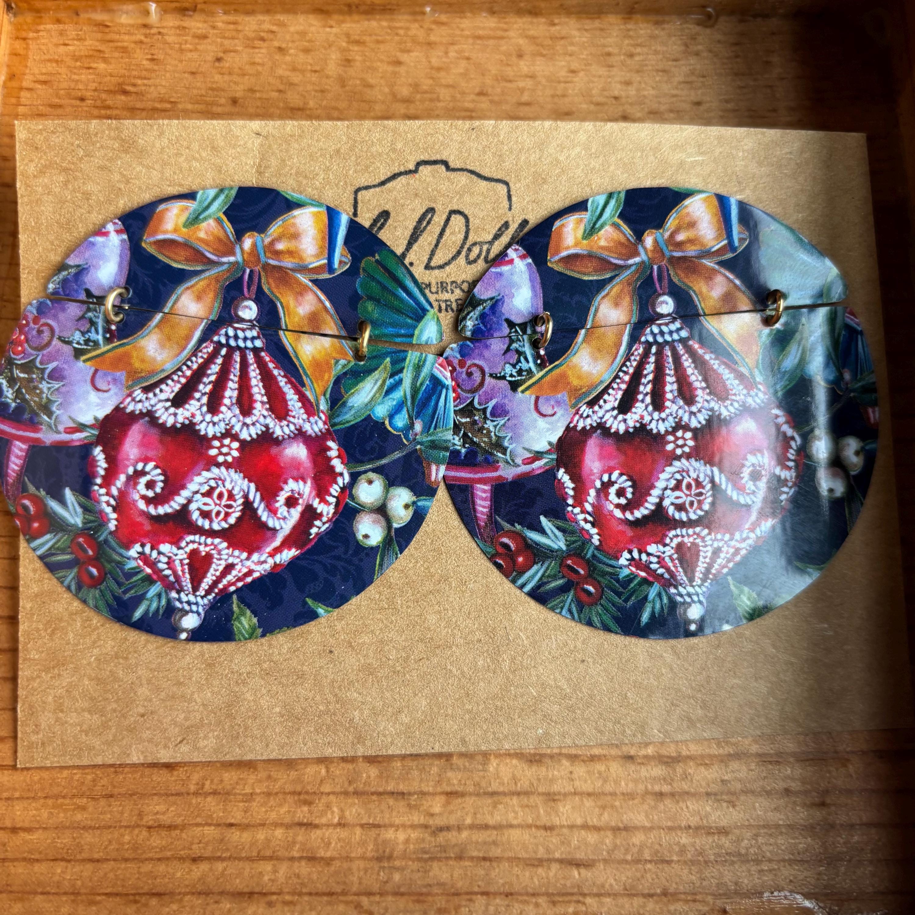 Upcycled Christmas Tin Earrings, Holiday Bulb Jewelry