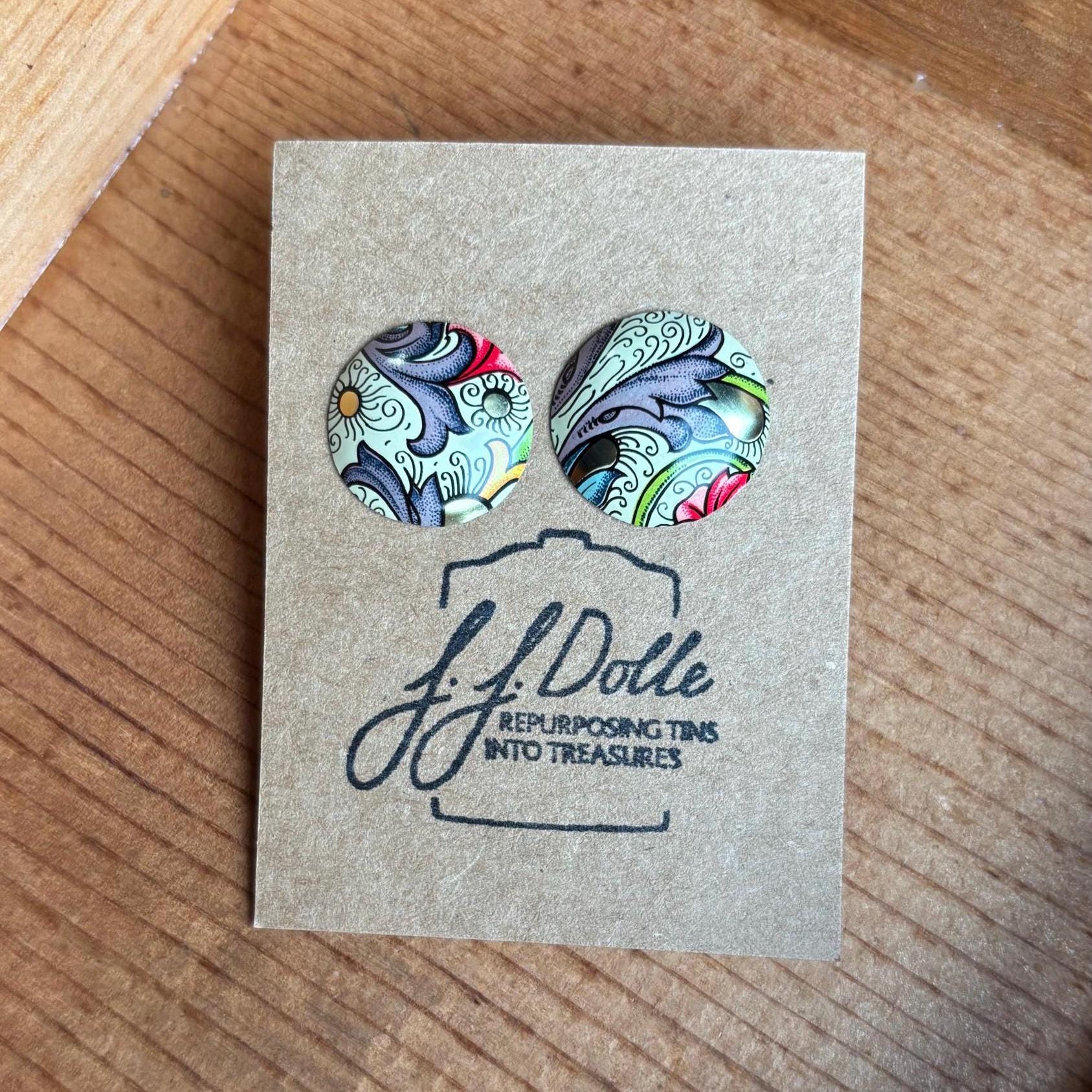 Vintage Tin Stud Earrings: Upcycled Domed Design, Hypoallergenic Titanium