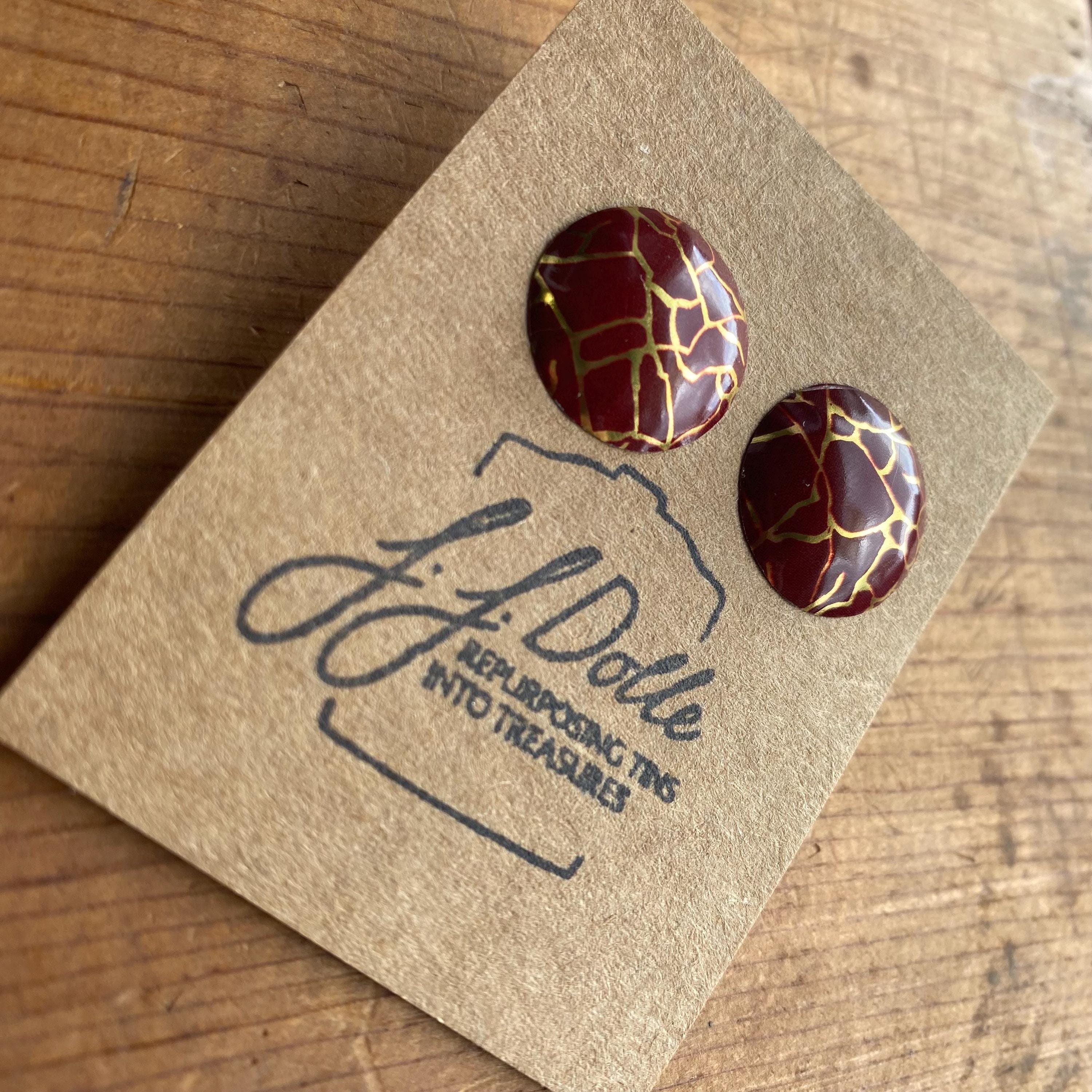 Vintage Tin Stud Earrings: Upcycled Domed Design, Hypoallergenic Titanium