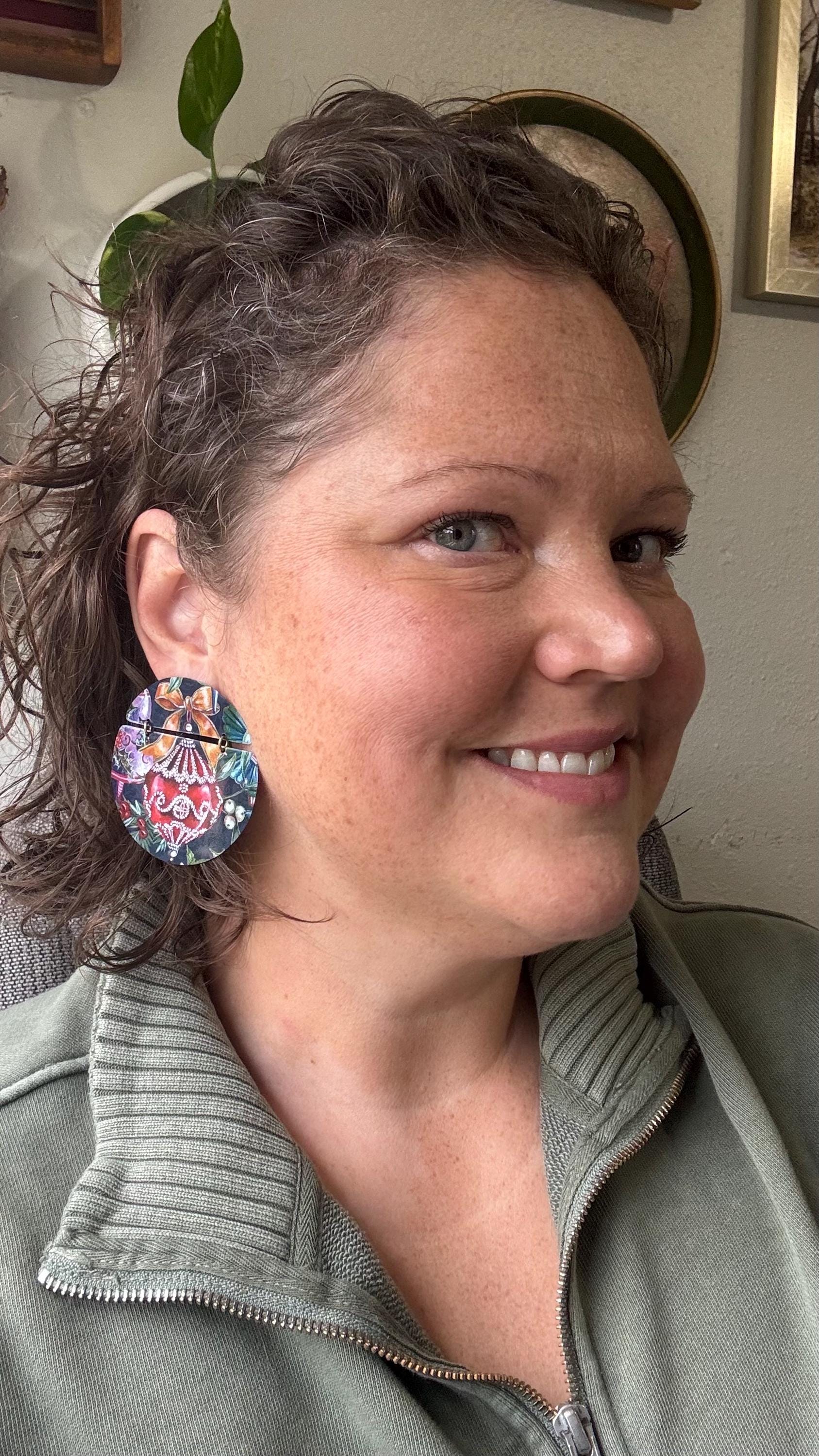 Upcycled Christmas Tin Earrings, Holiday Bulb Jewelry