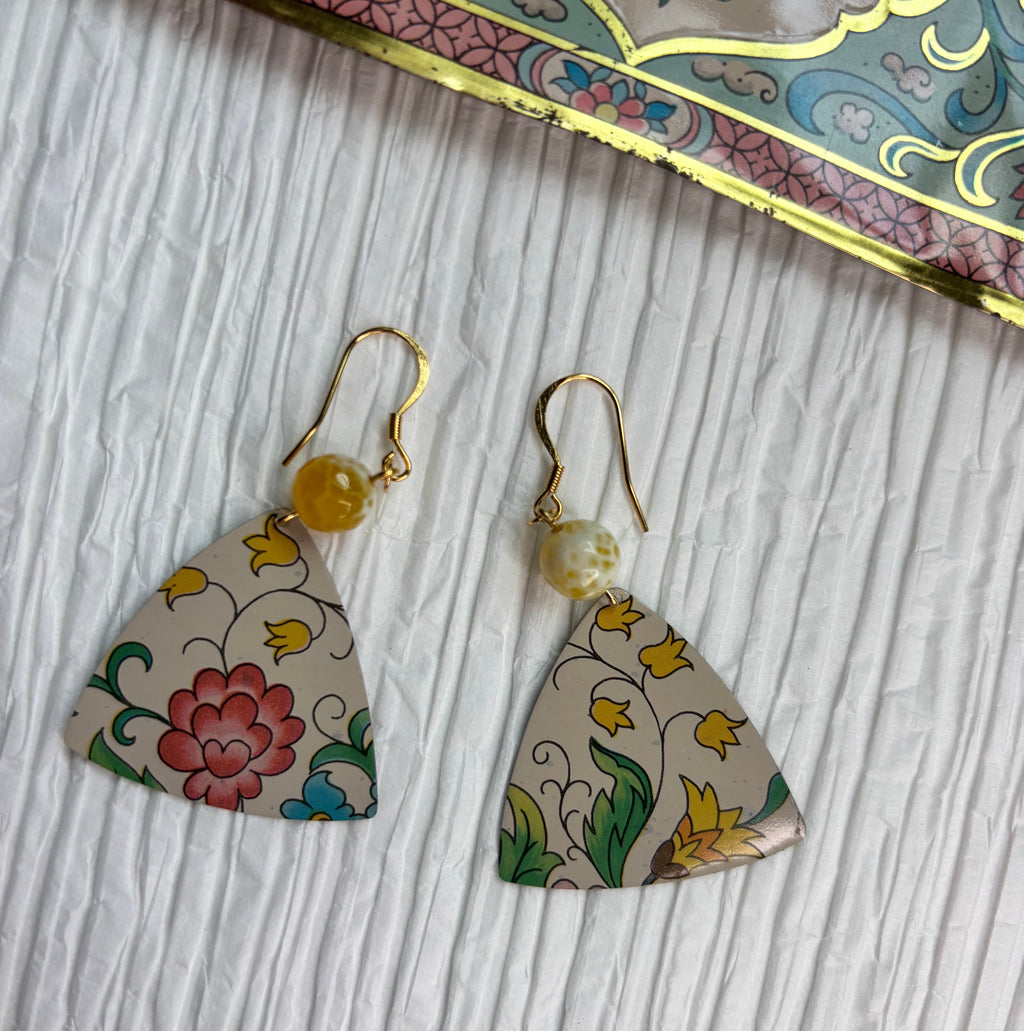Vintage Tin Earrings with Bead – Lightweight Floral Statement Earrings