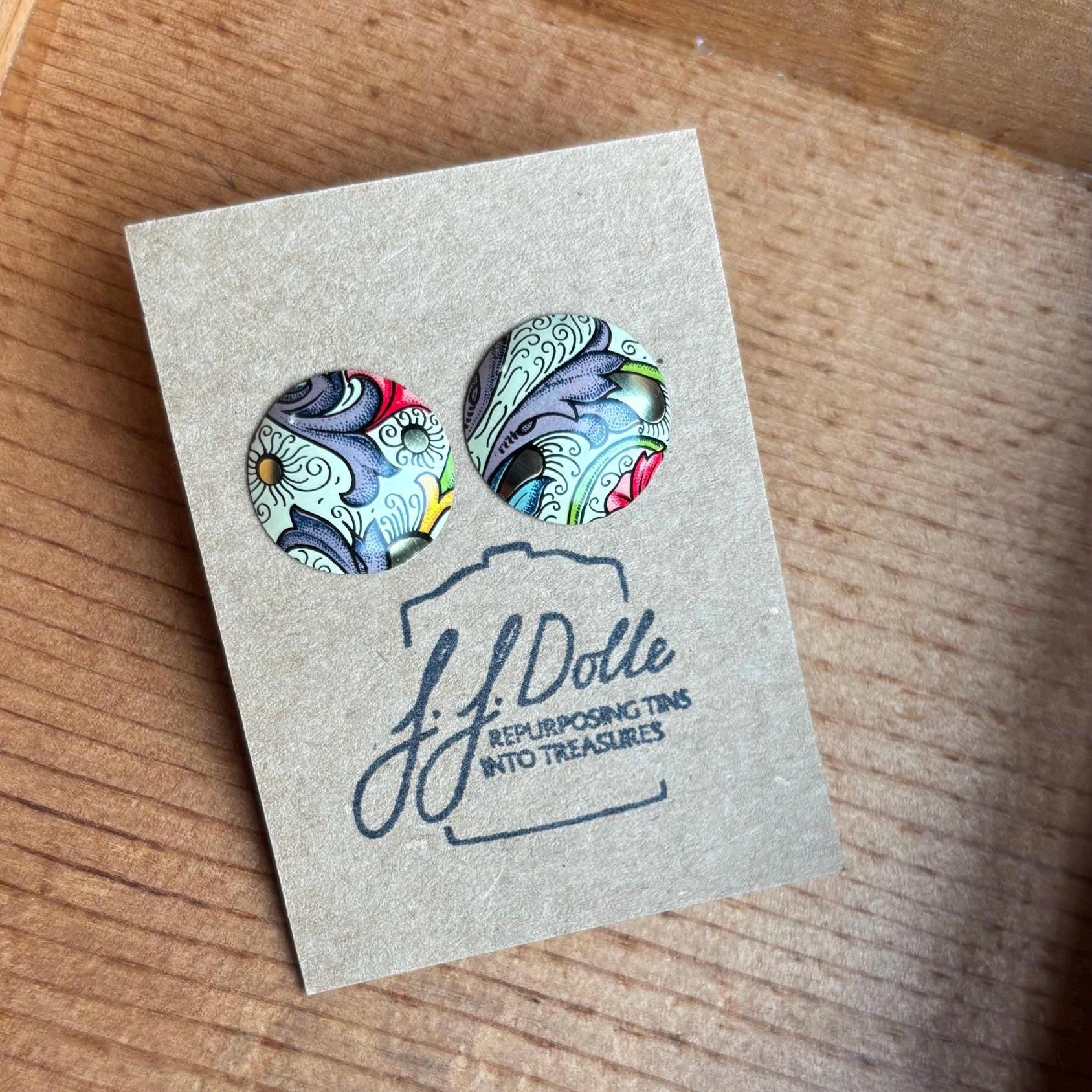 Vintage Tin Stud Earrings: Upcycled Domed Design, Hypoallergenic Titanium