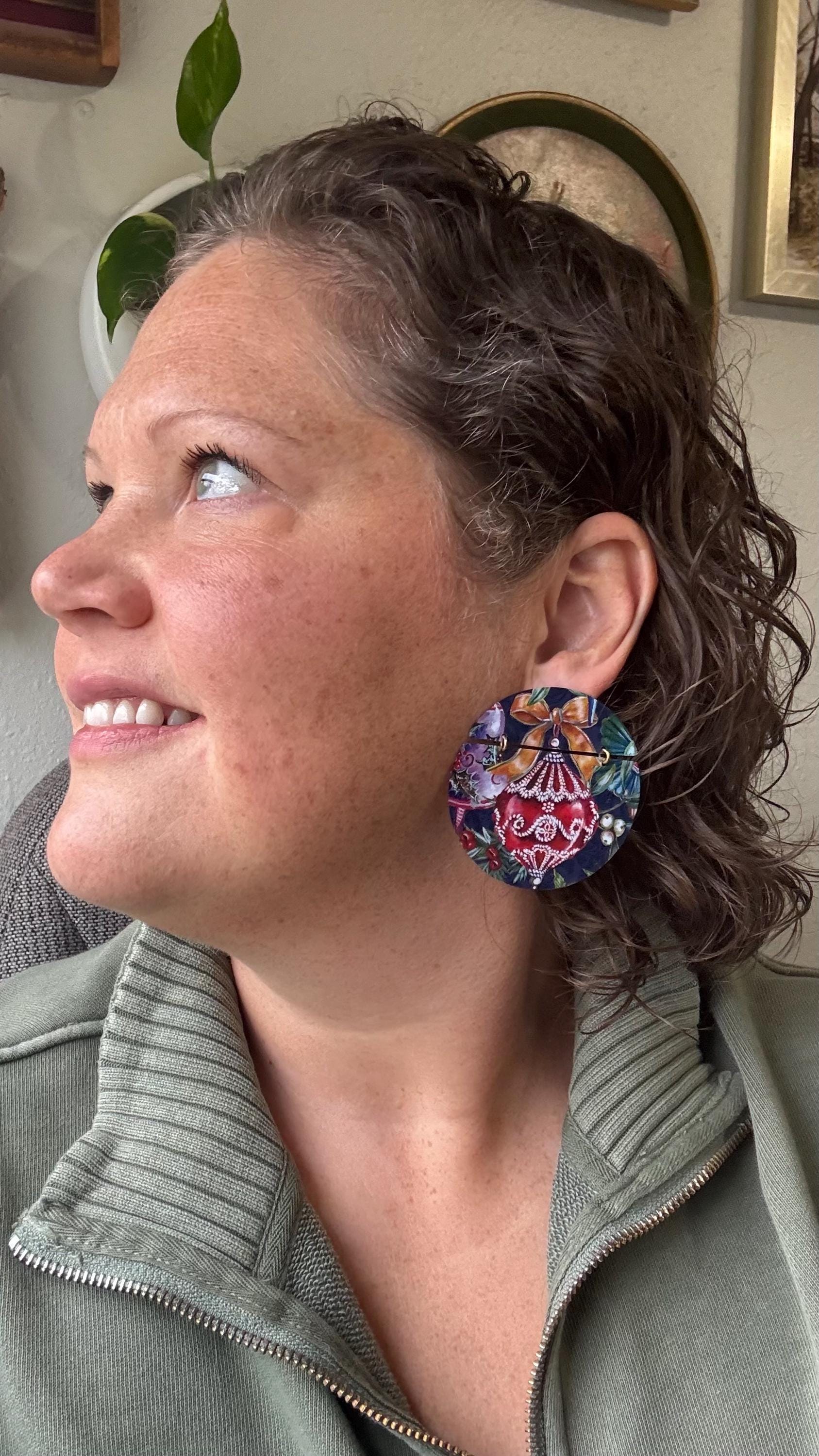 Upcycled Christmas Tin Earrings, Holiday Bulb Jewelry