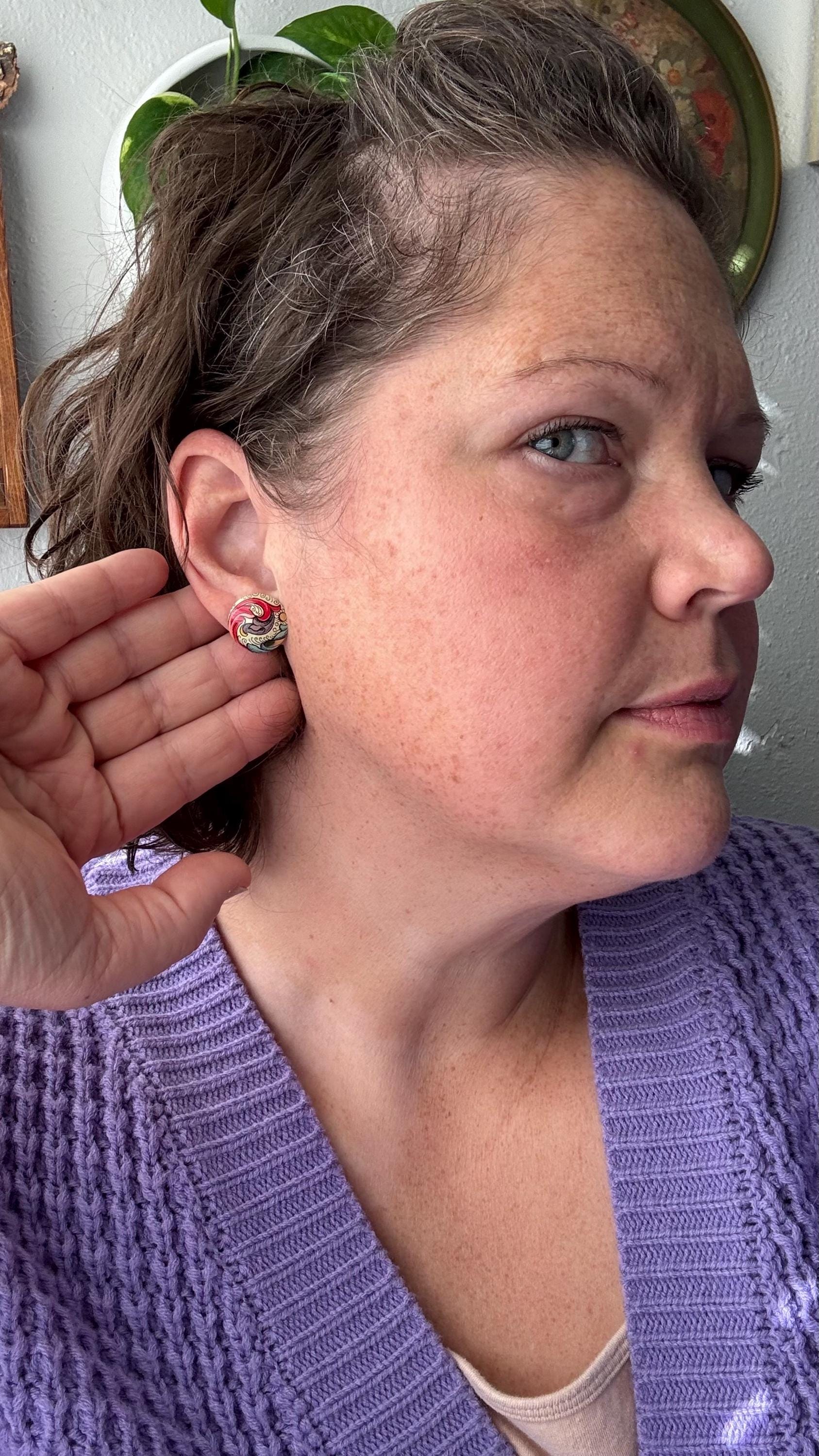 Vintage Tin Stud Earrings: Upcycled Domed Design, Hypoallergenic Titanium