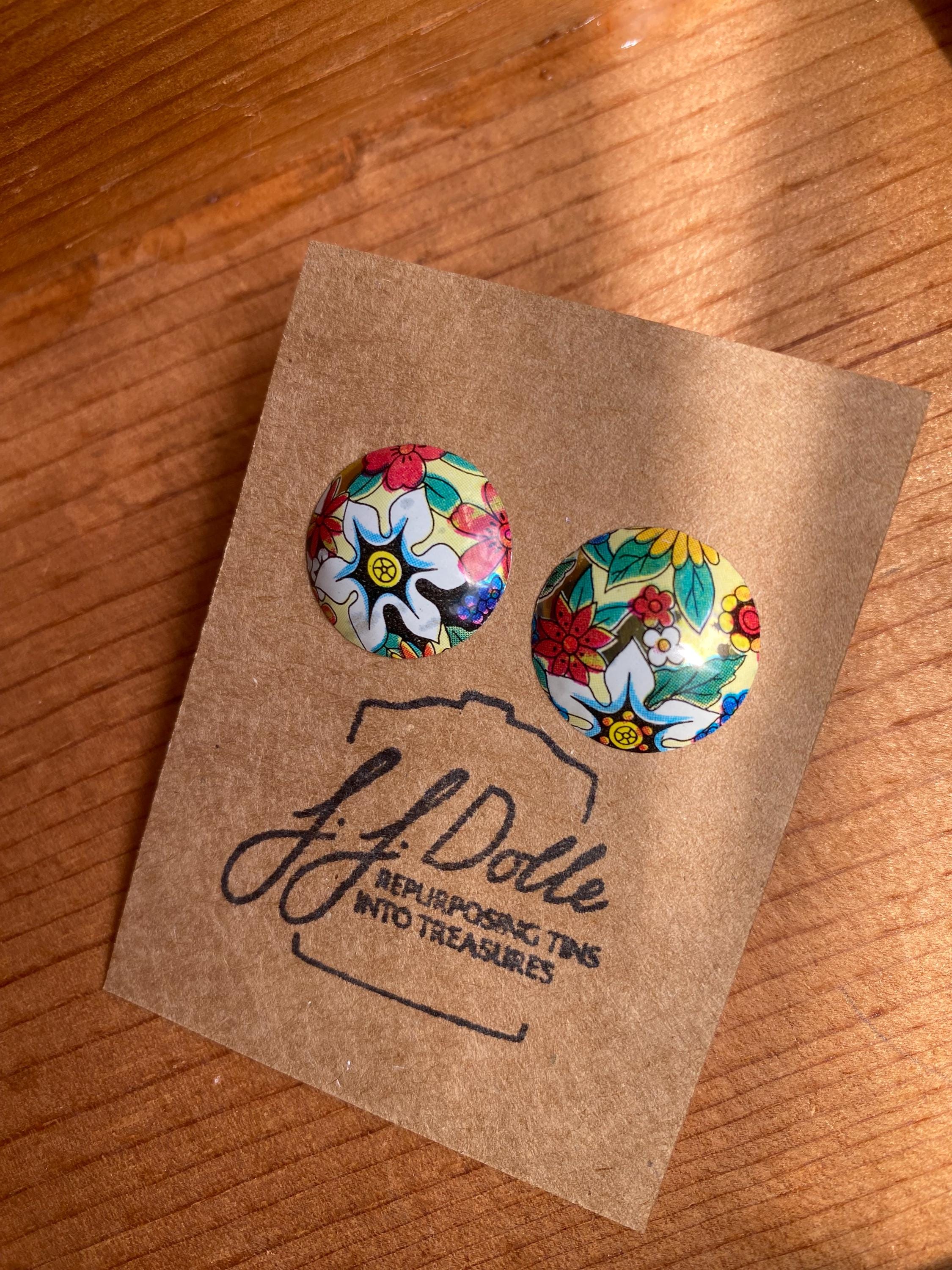 Vintage Tin Domed Stud Earrings | Upcycled Jewelry | Titanium Hypoallergenic Posts | Eco-Friendly Repurposed Tin Earrings